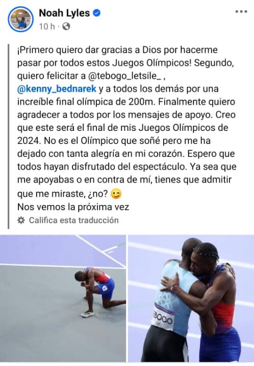 Mensaje de Noah Lyles en sus cuentas de redes sociales