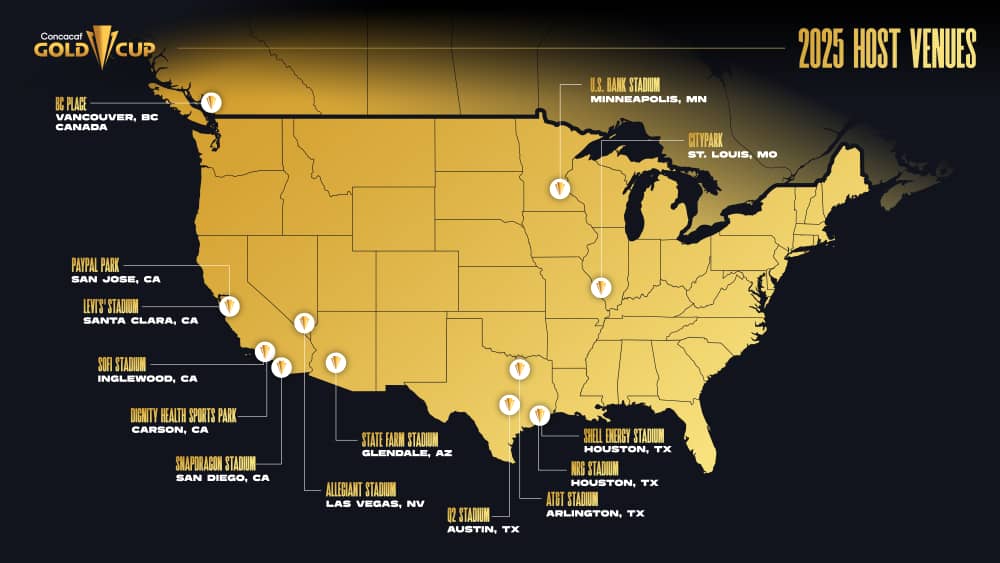 Mapa de las sedes de la Copa Oro 2025